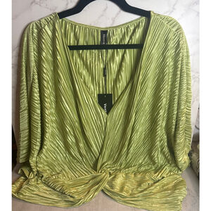 Women's Venti Lime Green Pleated V-Neck Blouse